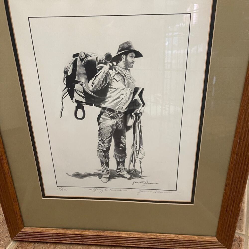 Framed Cowboy art by James L Branscum signed and numbered